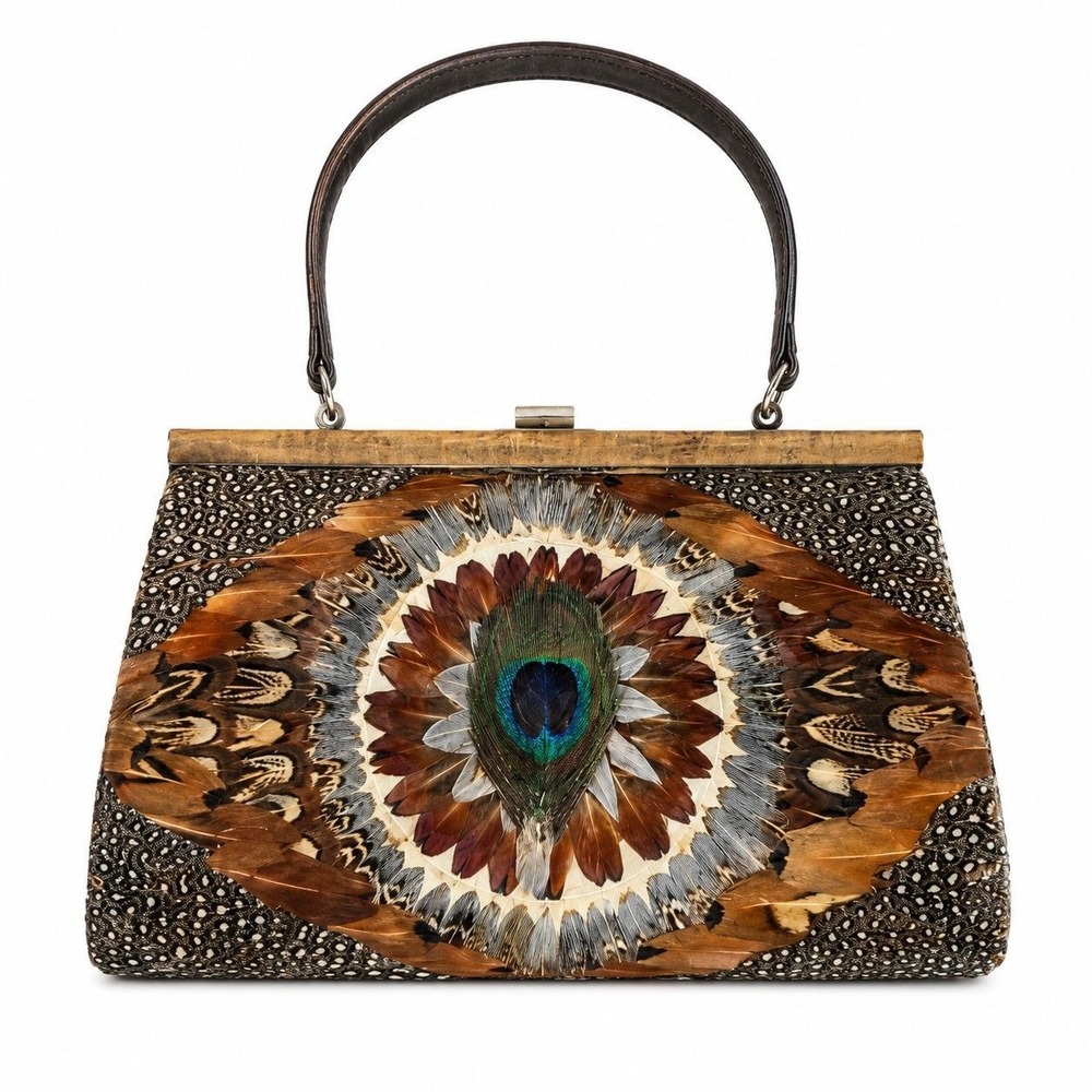 Vintage 1950s Peacock Feather Mosaic Handbag Mid Century Eye Motif Purse Brown